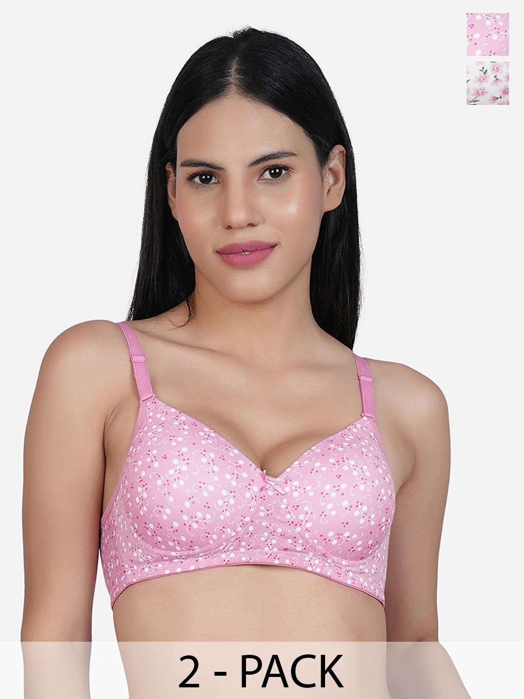 

SHYAM SONS FLAIR Pack Of 2 Floral Printed Full Coverage Lightly Padded T-shirt Bra, Pink