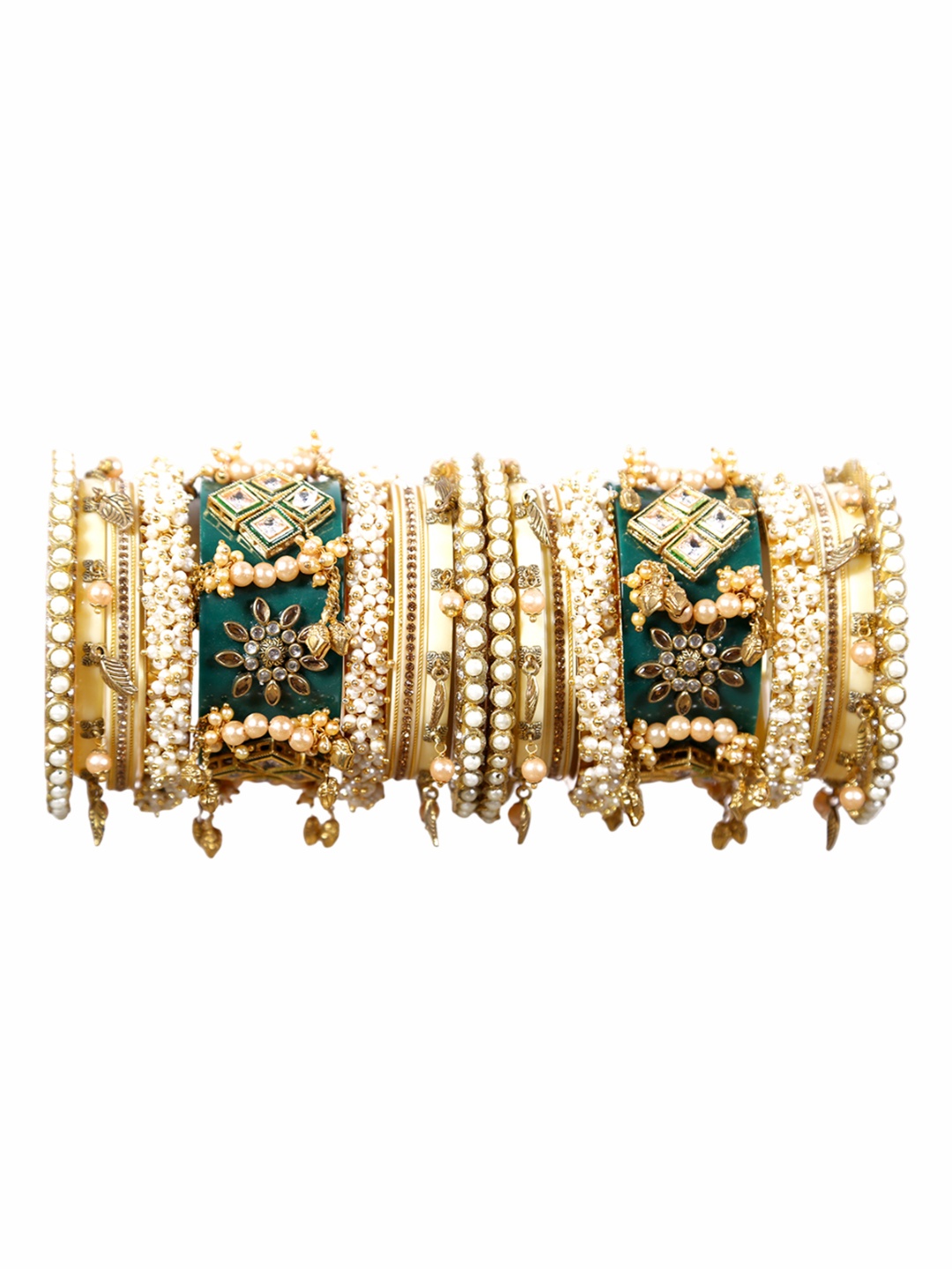 

Zindura Set Of 2 Gold-Plated Stones-Studded & Pearl Beaded Chuda Bangles