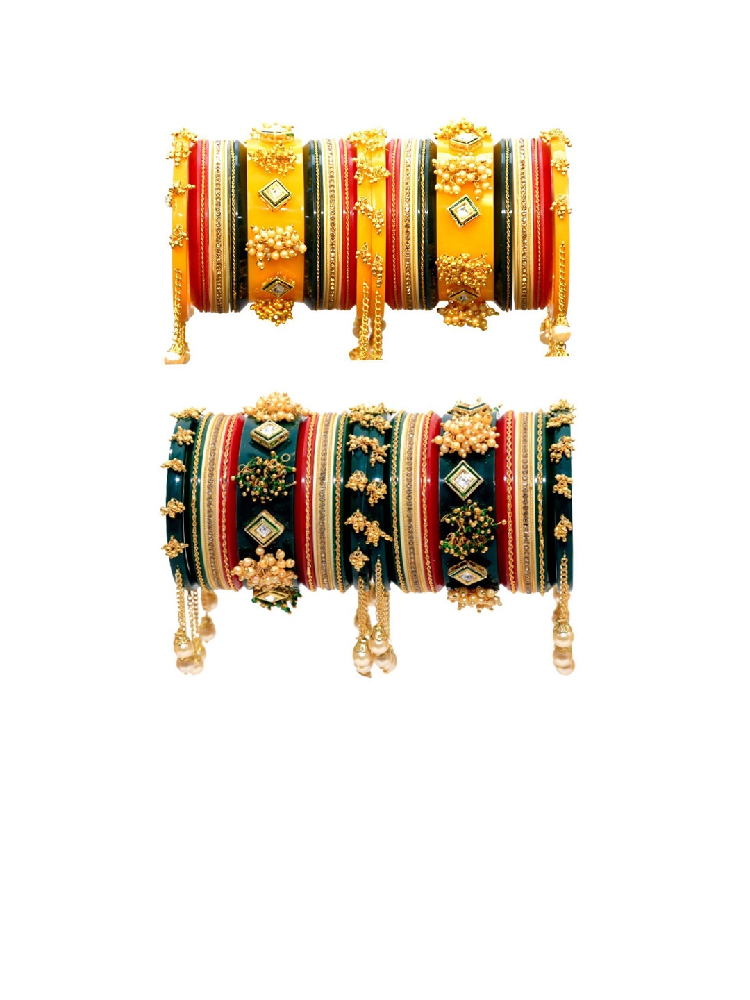 

Zindura Set Of 2 Gold-Plated Stone Studded & Pearls Beaded Chudas Bangles