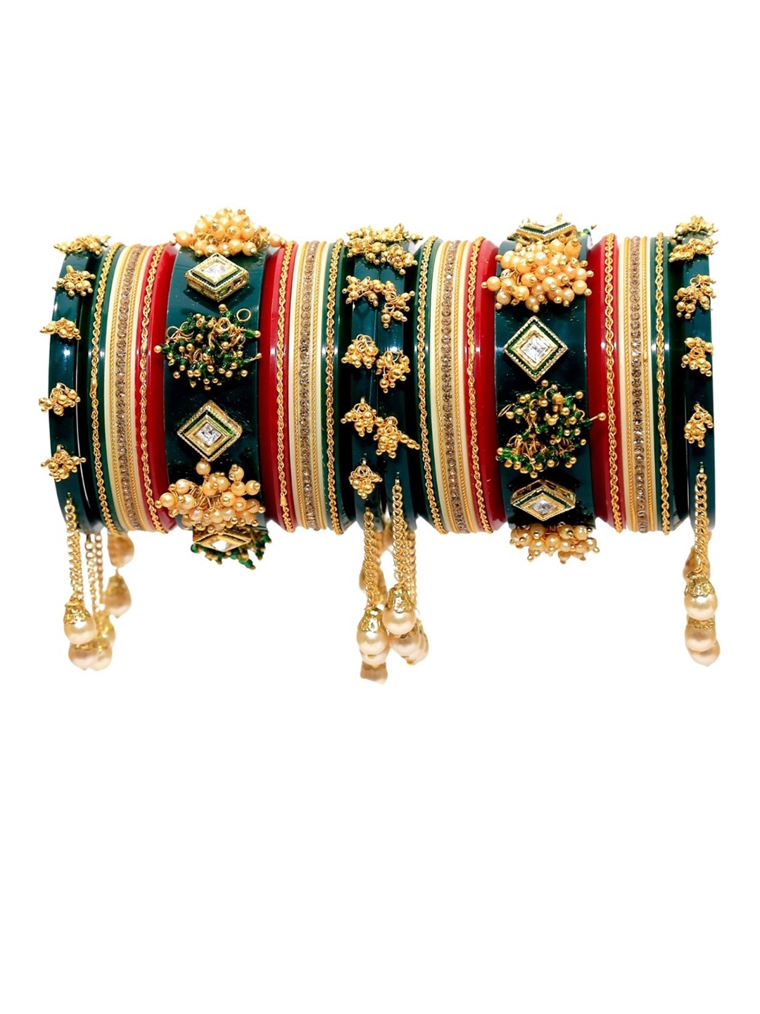 

Zindura Set Of 2 Gold-Plated Stones-Studded & Pearls-Beaded Chuda Bangles
