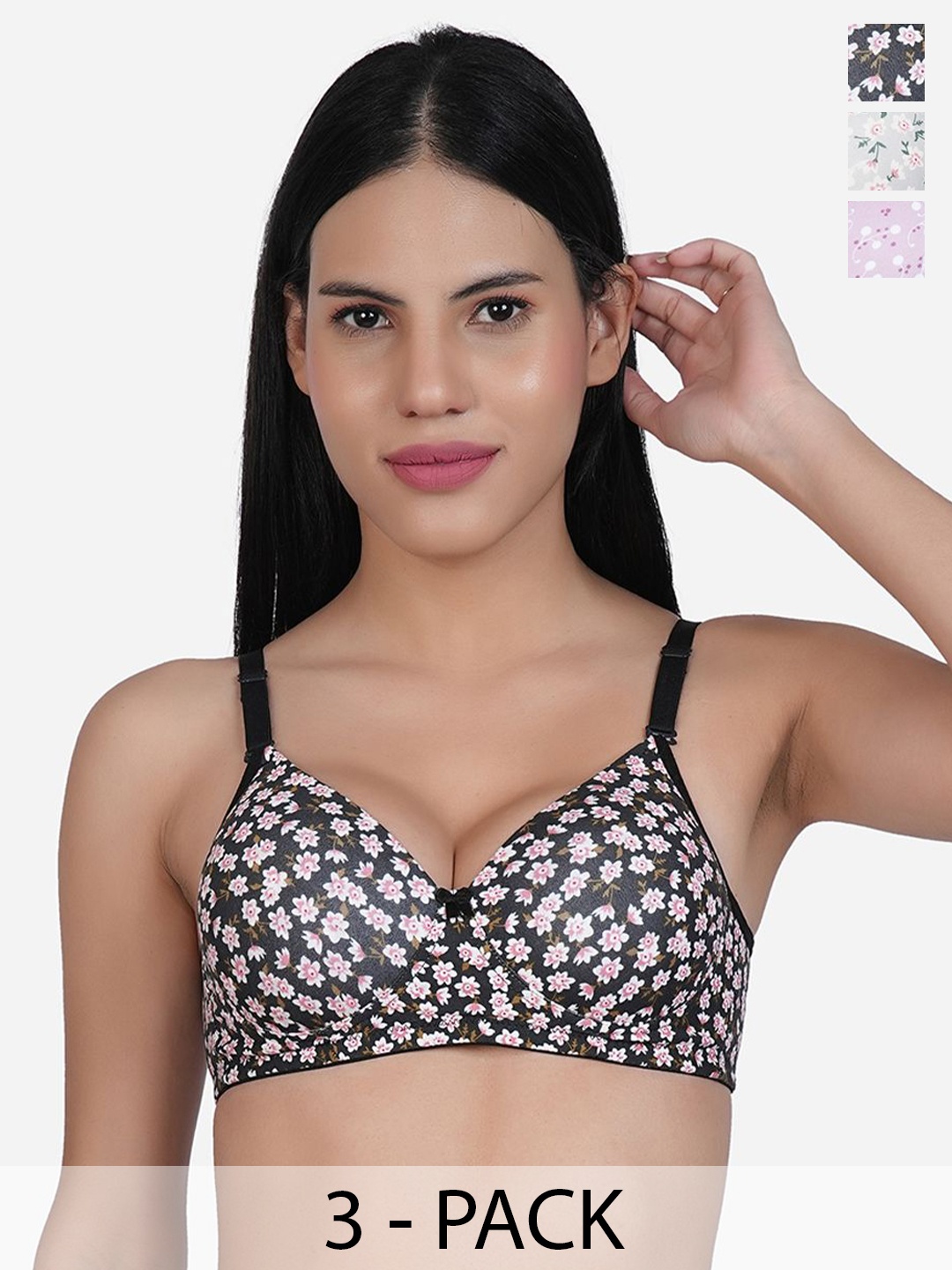 

SHYAM SONS FLAIR Women Pack Of 3 Floral Printed Lightly Padded T-shirt Bra, Black