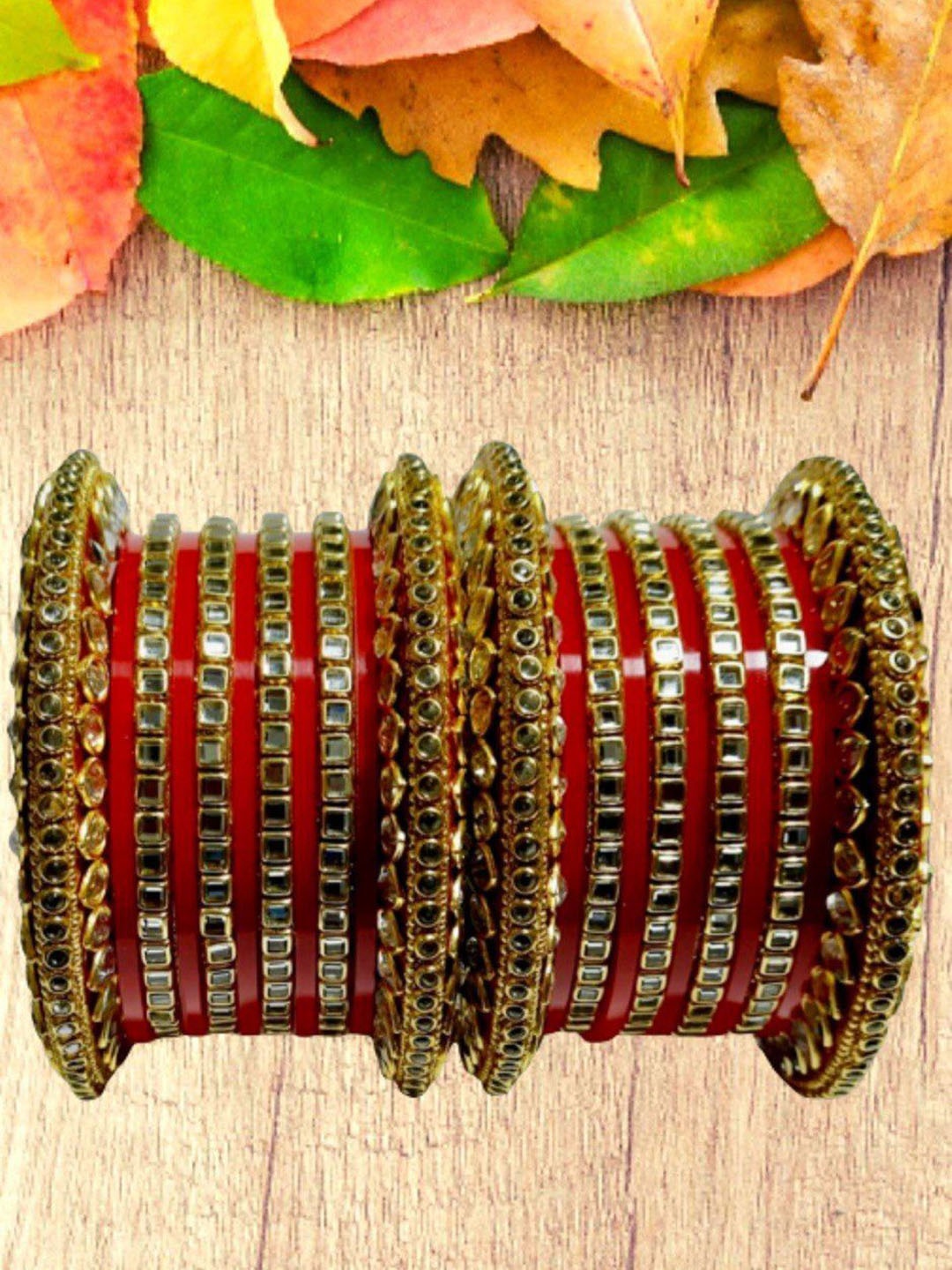 

Zindura Set of 2 Gold-Plated Artificial Stone-Studded Chudas Bangles, Red