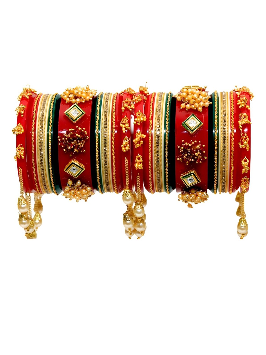 

Zindura Set Of 2 Gold Plated Stone Studded & Pearls Beaded Bangles