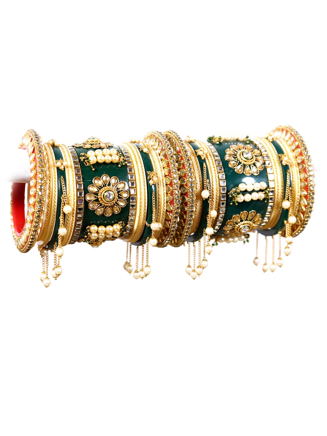 

Zindura Set Of 2 Gold-Plated Stone-Studded & Pearl Beaded Bangles