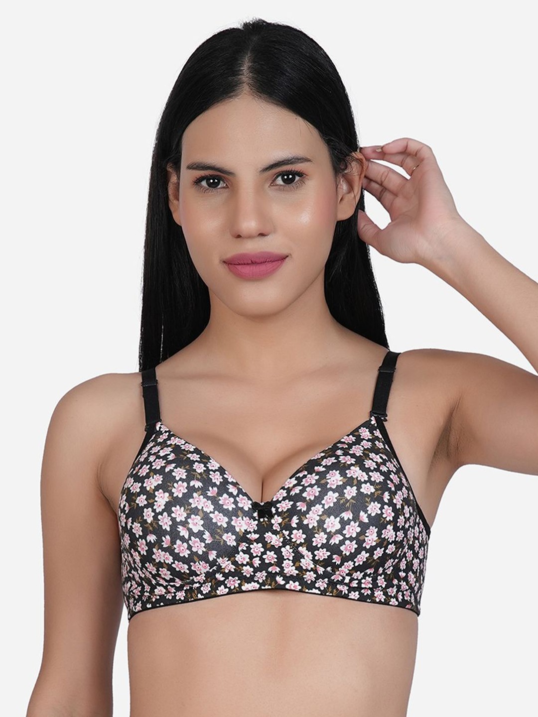 

SHYAM SONS FLAIR Women T-shirt Floral Printed Full Coverage Lightly Padded Bra, Black