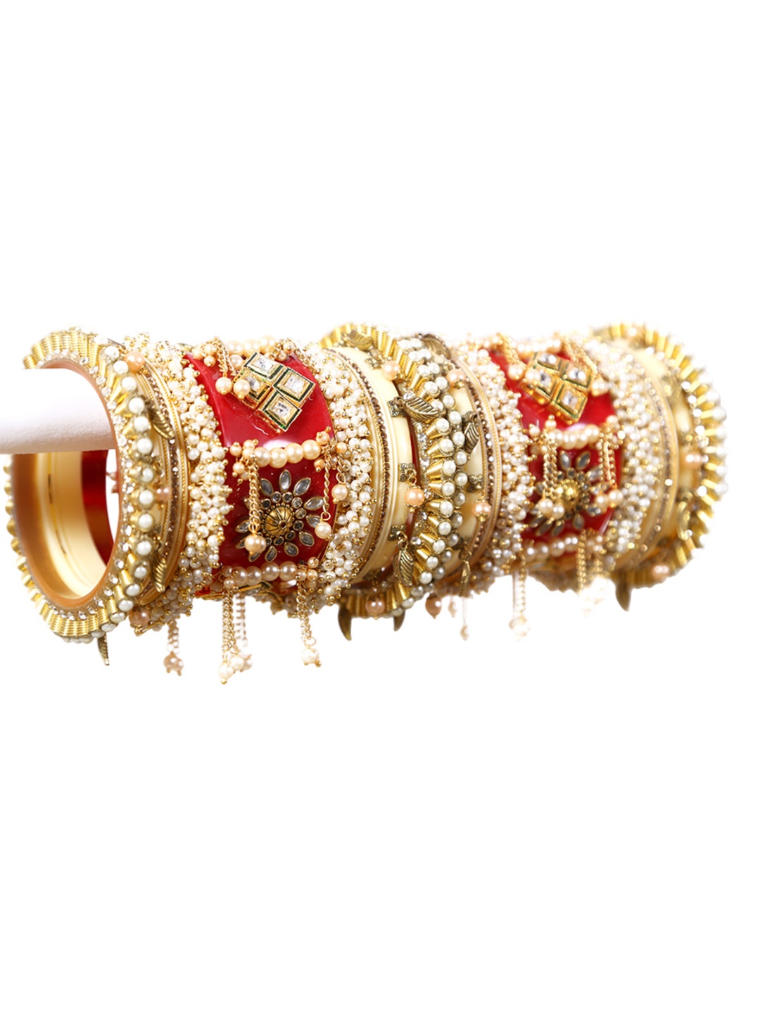 

Zindura Set Of 2 Gold-Plated Stone Studded & Pearl Beaded Chuda Bangles