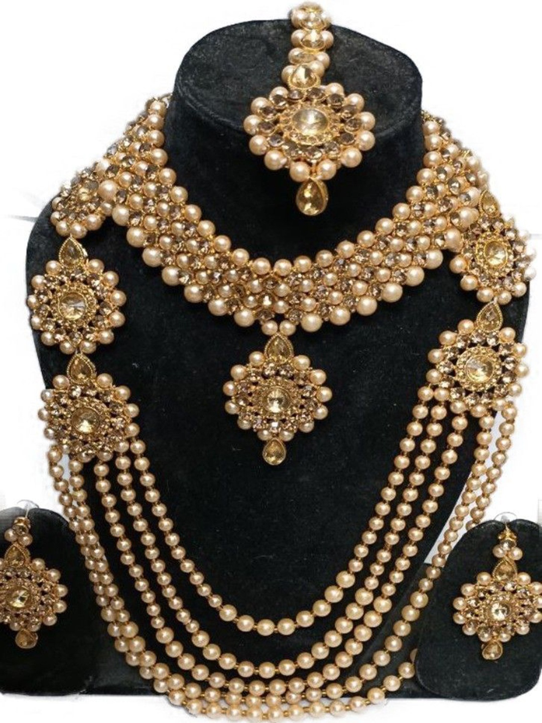 

JMBW INTERNATIONAL Stone Studded & Beaded Layered Jewellery Set, Gold
