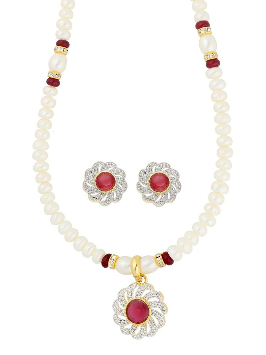 

Sri Jagdamba Pearls Dealer Gold-Plated Stone Studded & Pearl Beaded Jewellery Set