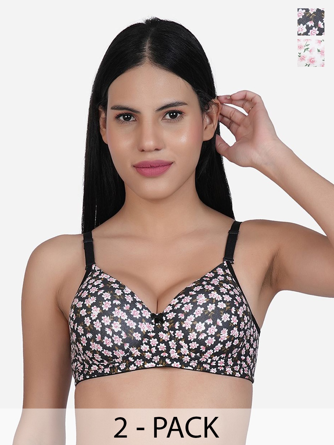 

SHYAM SONS FLAIR Pack Of 2 Floral Printed Full Coverage Lightly Padded T-Shirt Bra, Black