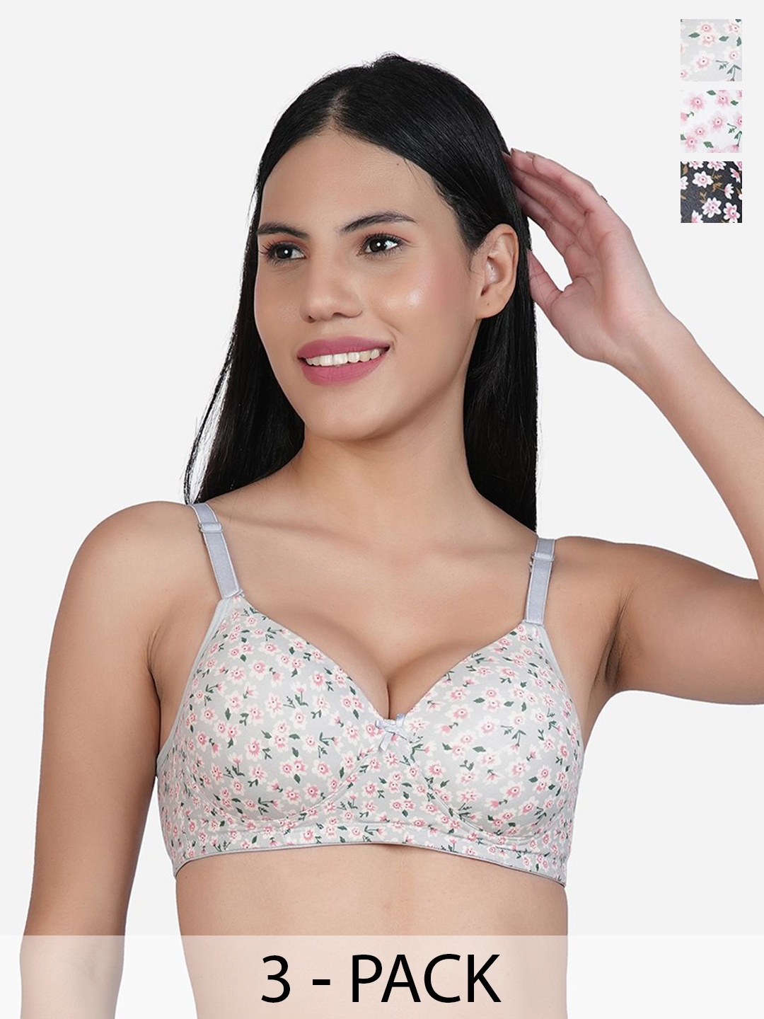 

SHYAM SONS FLAIR Women Pack of 3 Floral Printed Full Coverage Lightly Padded T-shirt Bra, Green