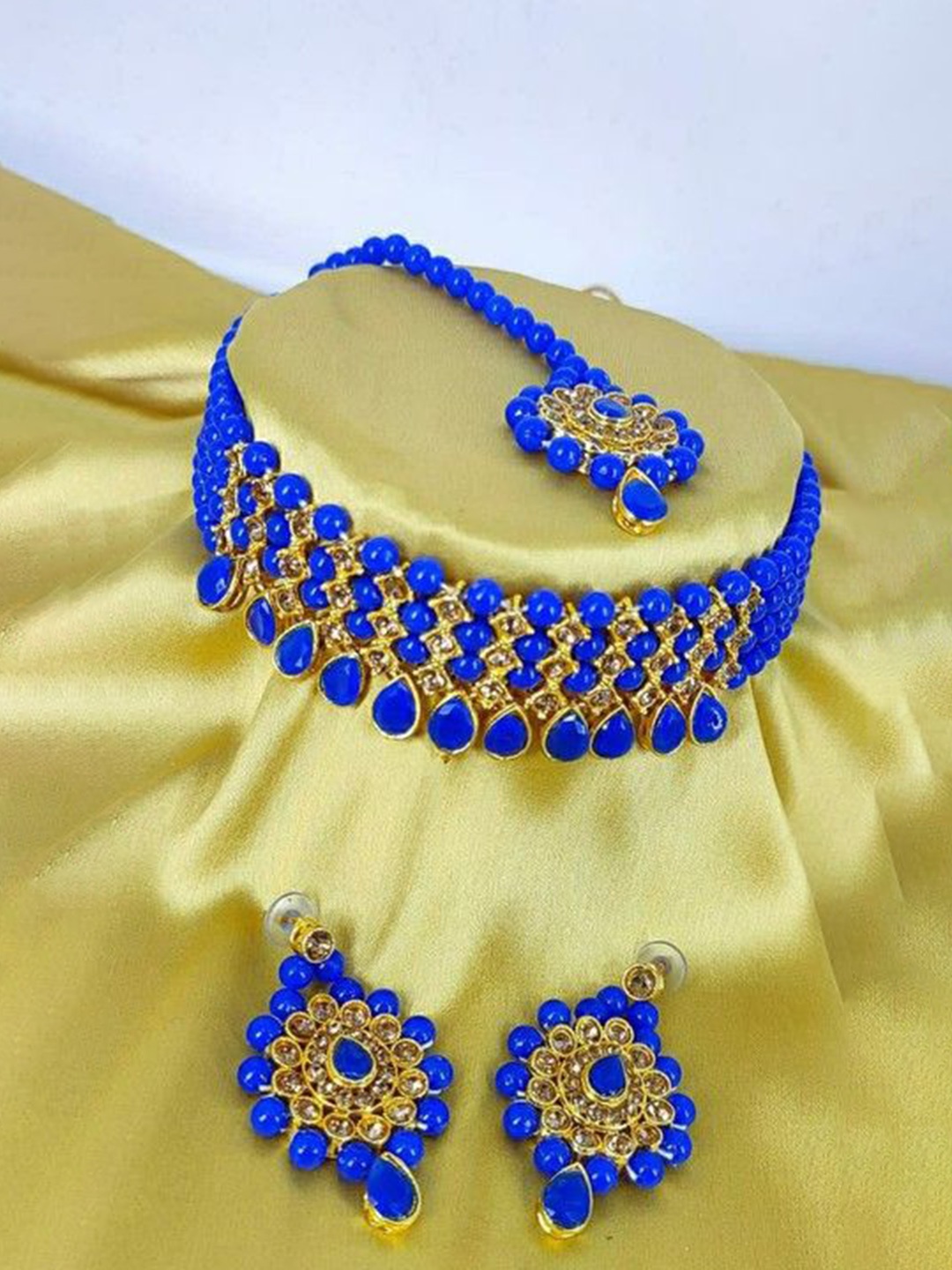 

JMBW INTERNATIONAL Necklace With Earrings and Mangtika Jewellery Set, Blue