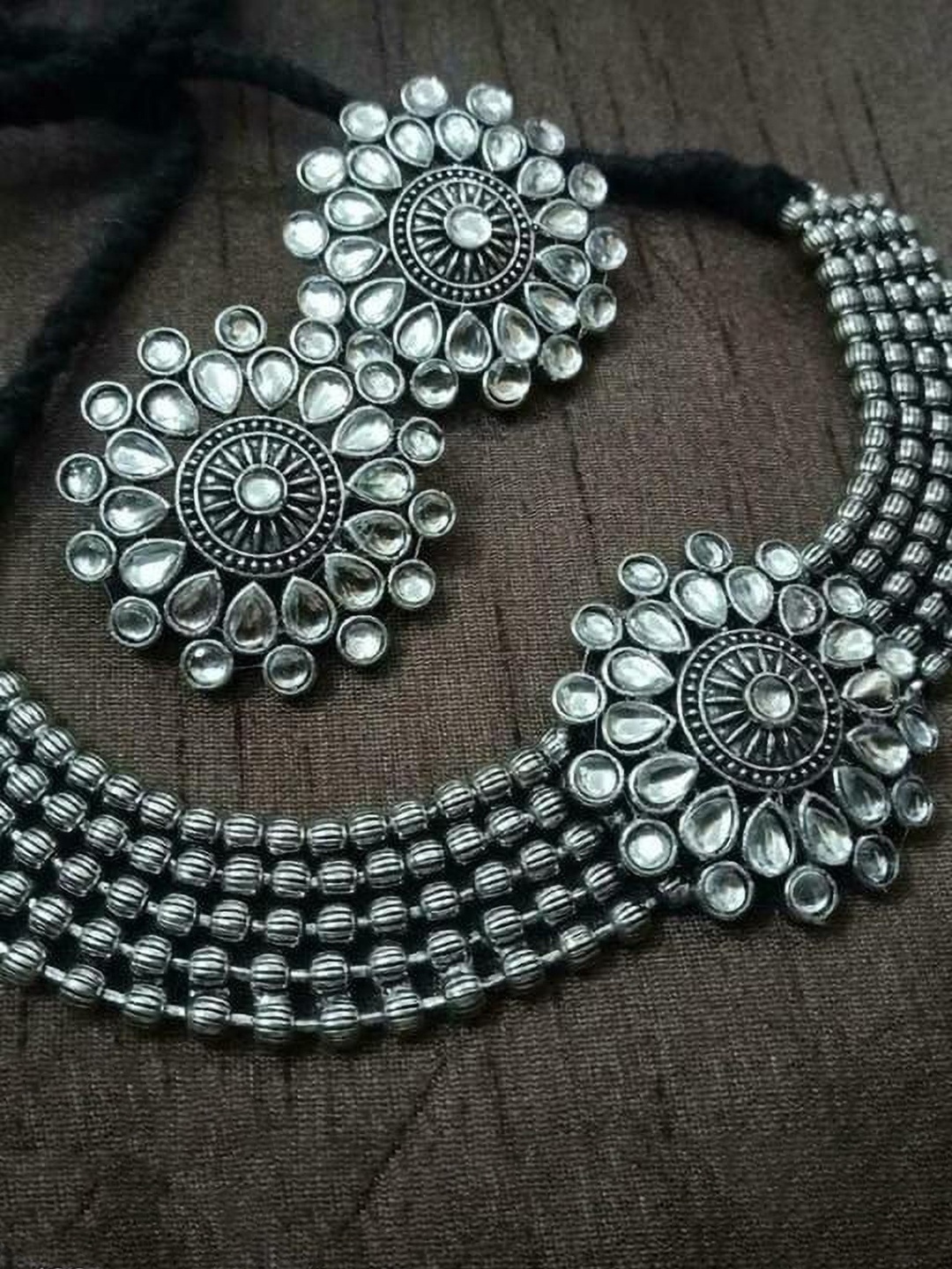 

JMBW INTERNATIONAL Silver-Plated Stone Studded & Beaded Oxidized Jewellery Set