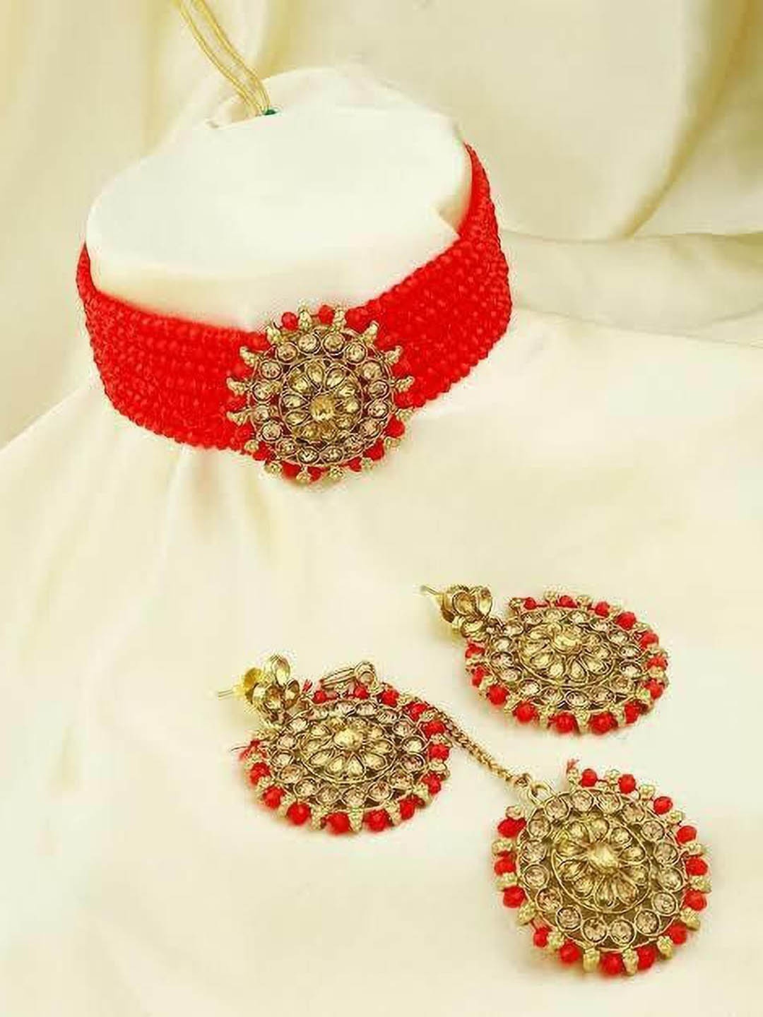 

JMBW INTERNATIONAL Beaded Necklace with Earrings & Maang Tika, Red
