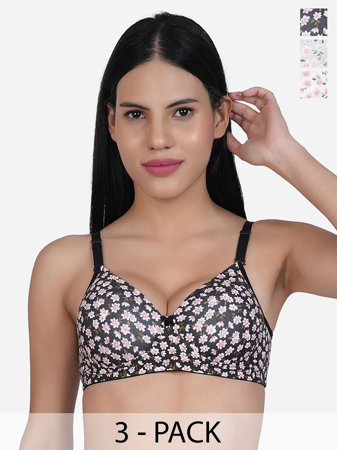 

SHYAM SONS FLAIR Pack Of 3 Floral Printed Full Coverage Lightly Padded T-shirt Bra, Pink