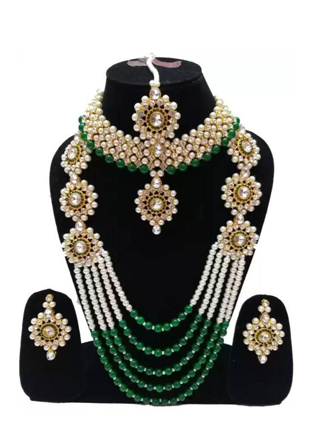 

JMBW INTERNATIONAL Kundan Studded & Beaded Layered Jewellery Set, Green