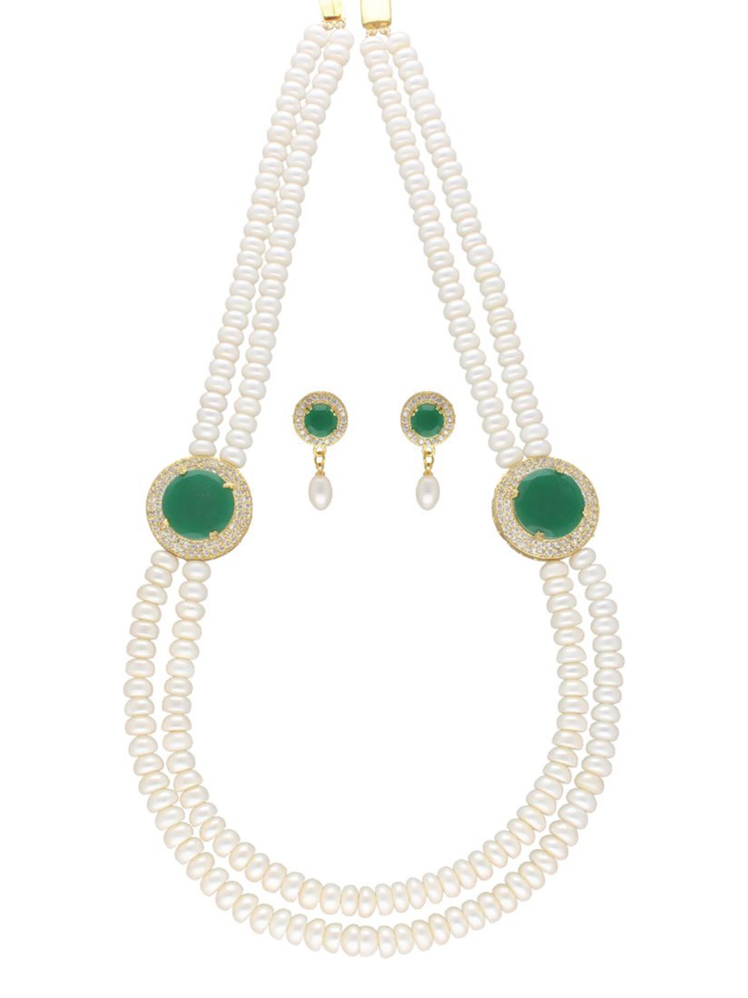 Sri Jagdamba Pearls Dealer Gold Plated Stone Studded & Pearls Beaded Jewellery Set