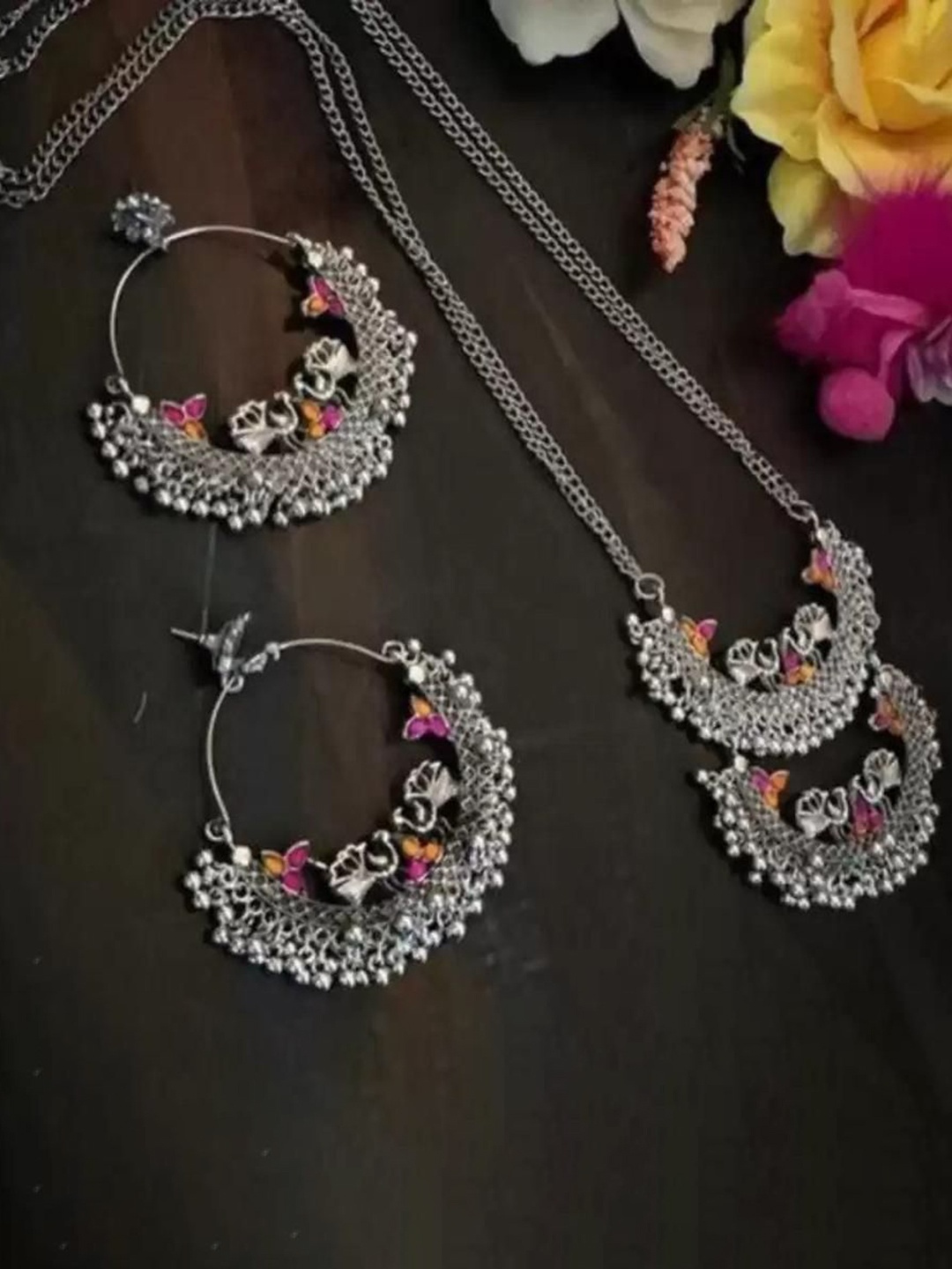 

JMBW INTERNATIONAL Sterling-Silver-Plated Stone Studded & Beaded Oxidised Jewellery Set