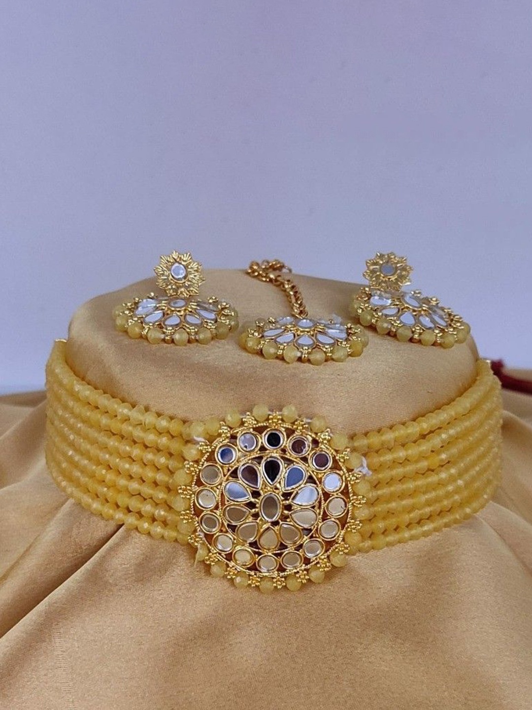 

JMBW INTERNATIONAL Crystal Beaded Layered Choker & Earrings with Maang Tika, Gold