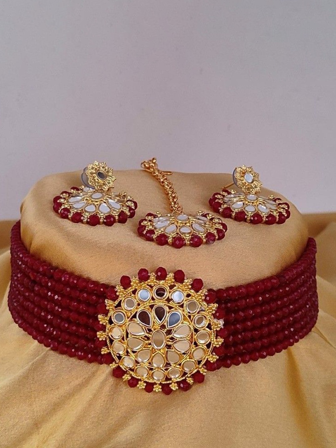 

JMBW INTERNATIONAL Set Of 3 Crystal Studded Layered Jewellery Sets, Maroon