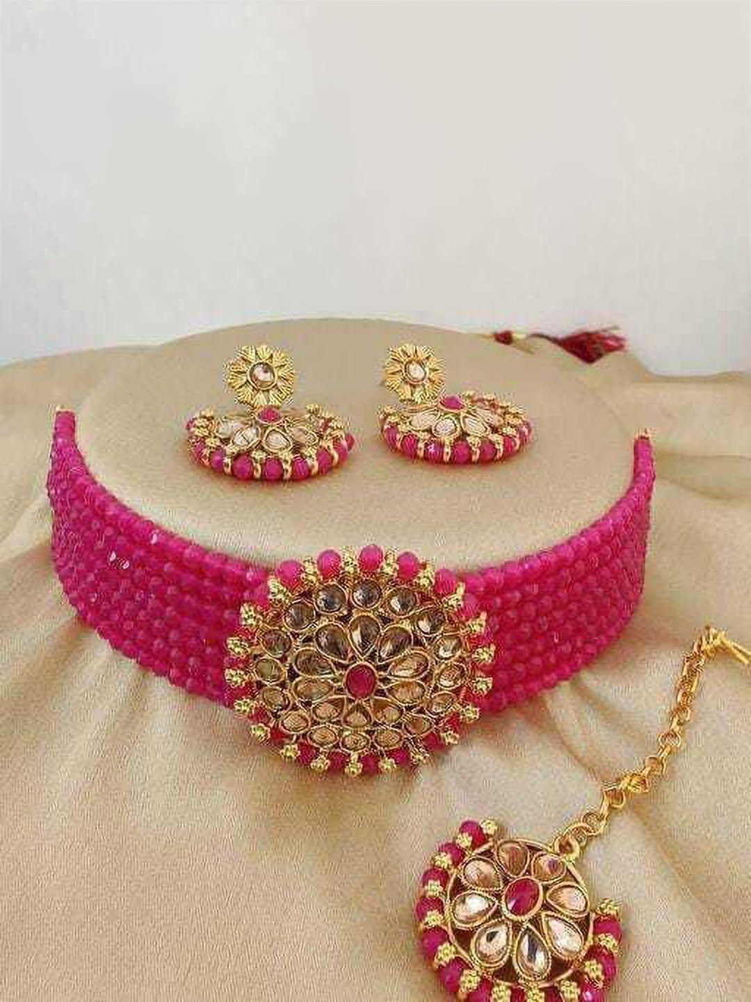 

JMBW INTERNATIONAL Stone Studded & Beaded Jewellery Set, Pink