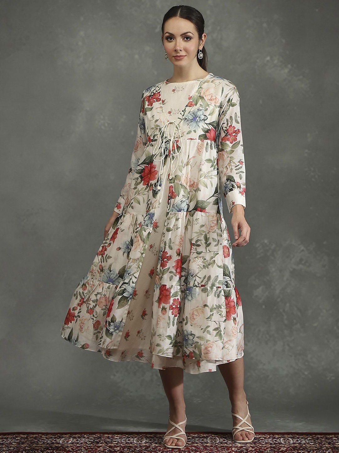 Biba by Rohit Bal Women Floral Printed A-Line Midi Dress, White