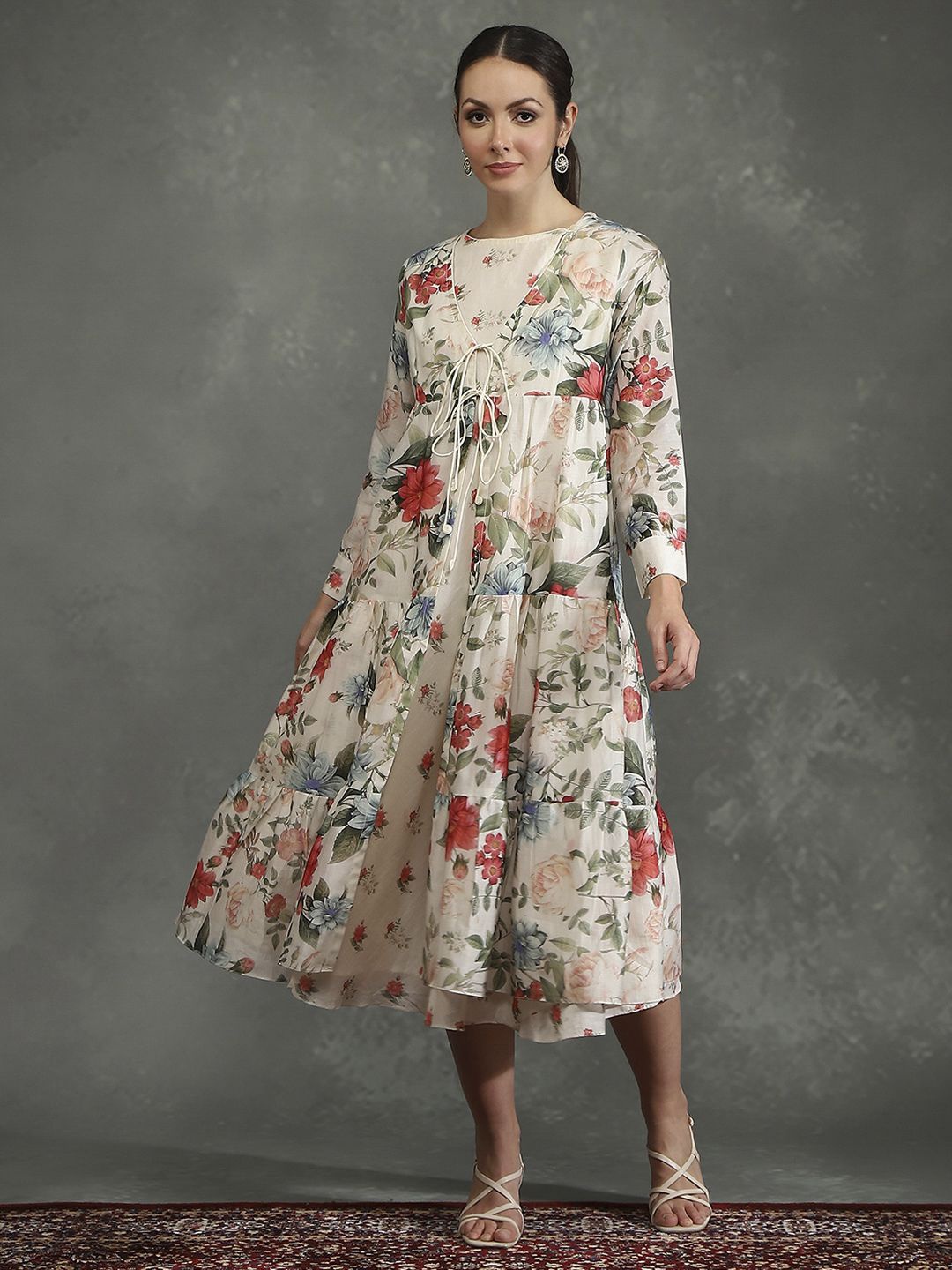 

Biba by Rohit Bal Women Floral Printed Cotton Fit and Flare Midi Dress, Off white