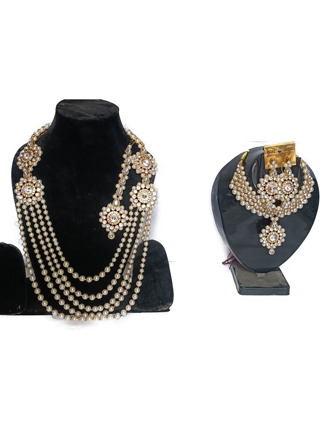

JMBW INTERNATIONAL Pack of 2 Beaded & Stone-Studded Necklace With Earrings & Maang Tikka, White