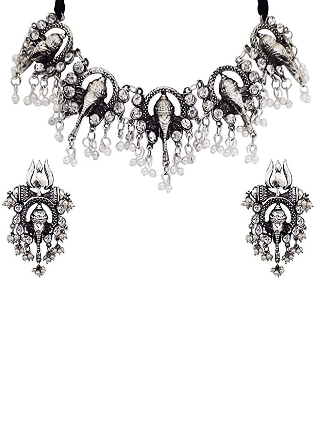 

JMBW INTERNATIONAL Sterling Silver-Plated Pearls Oxidised Jewellery Set