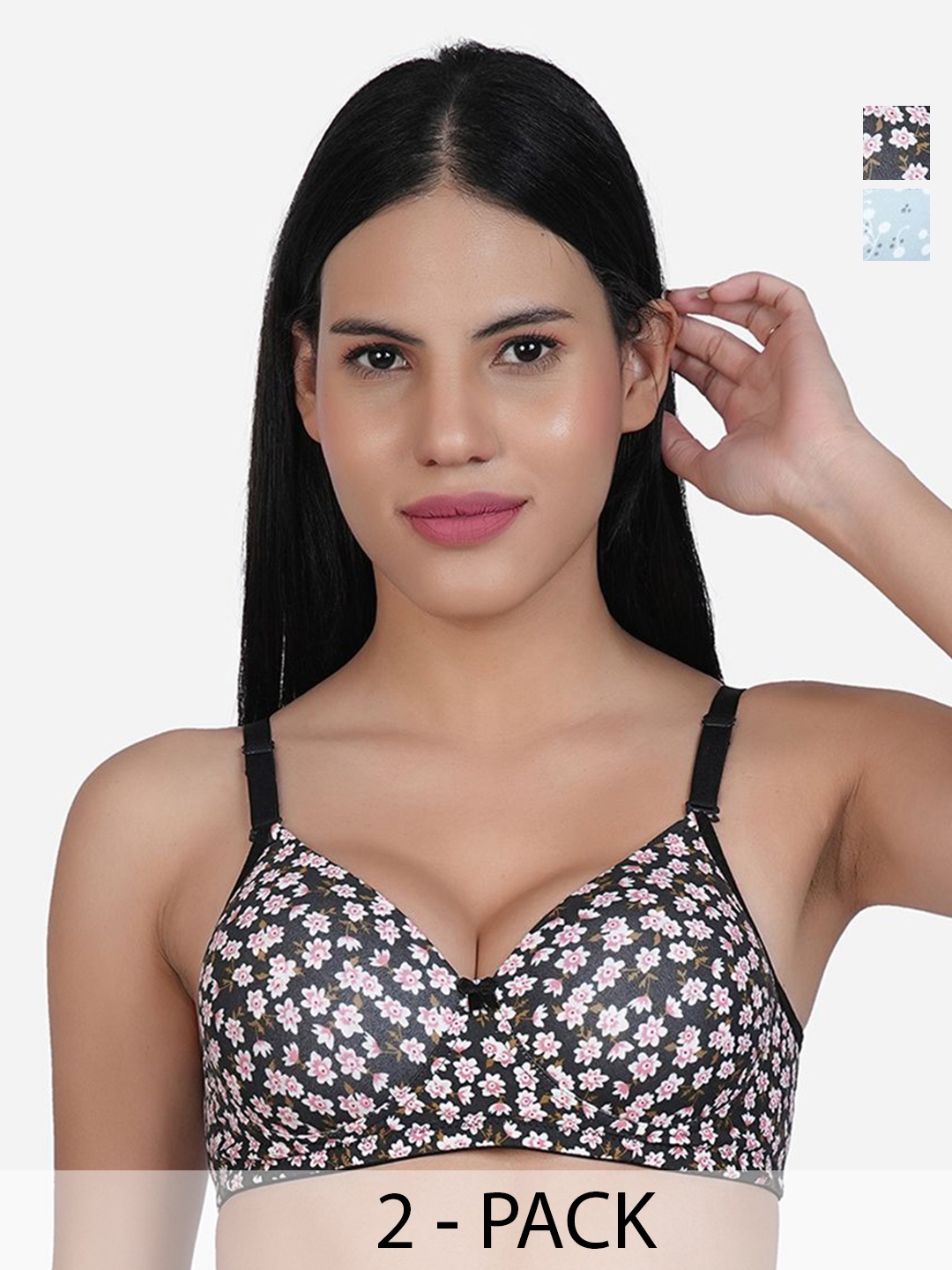 

SHYAM SONS FLAIR Women Pack of 2 Floral Printed Full Coverage Lightly Padded T-shirt Bra, Black