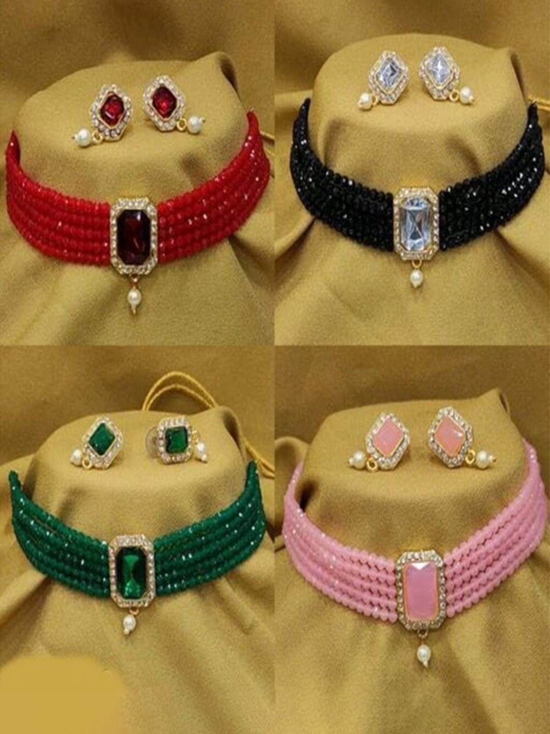 

JMBW INTERNATIONAL Set Of 4 Beaded & Stone-Studded Jewellery Sets, Red