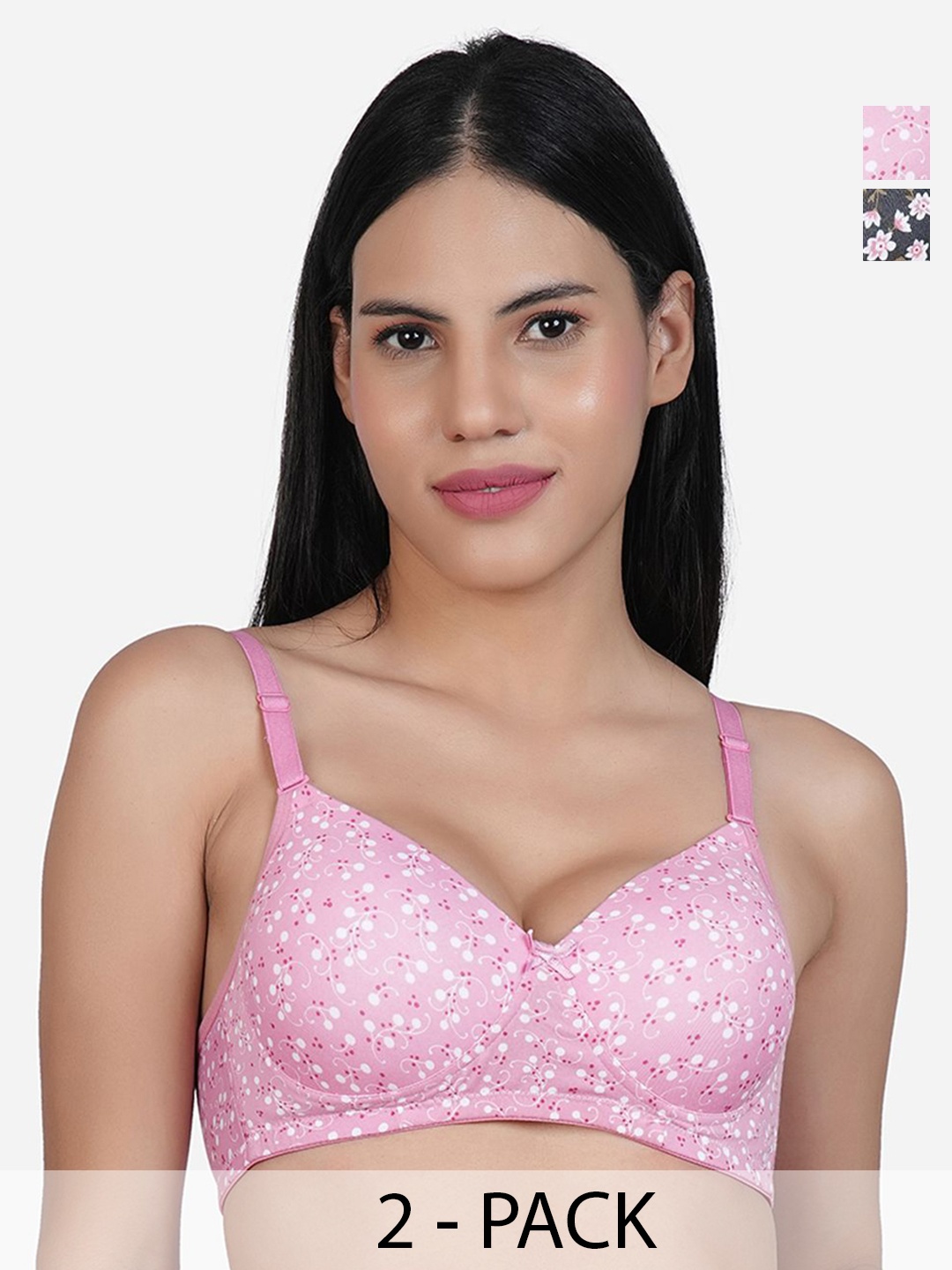 

SHYAM SONS FLAIR Pack of 2 Floral Full Coverage Cut and Sew Lightly Padded T-shirt Bra, Pink