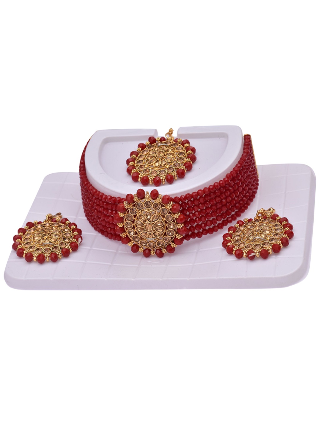 

JMBW INTERNATIONAL Gold-Plated Beaded Layered Choker & Earrings with Maang Tika, Red