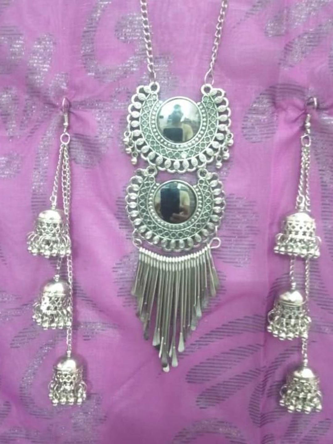 

JMBW INTERNATIONAL Oxidized Silver-Plated Necklace Set with Jhumkas