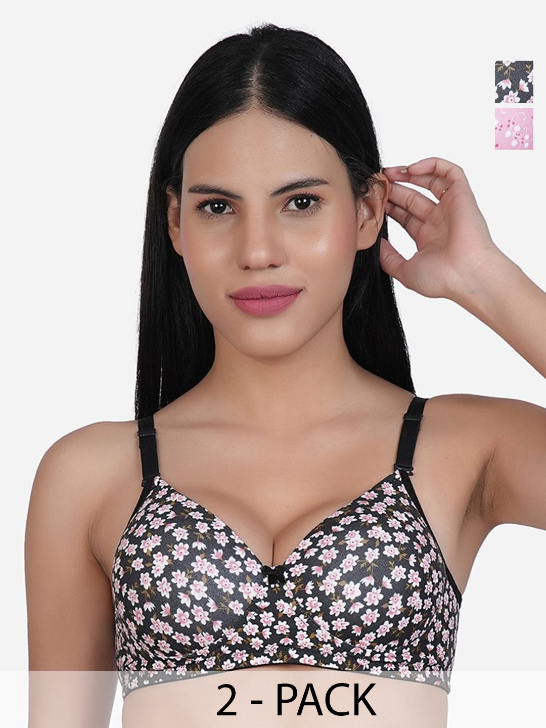 

SHYAM SONS FLAIR Women Pack Of 2 Floral Printed Lightly Padded T-shirt Bra, Black