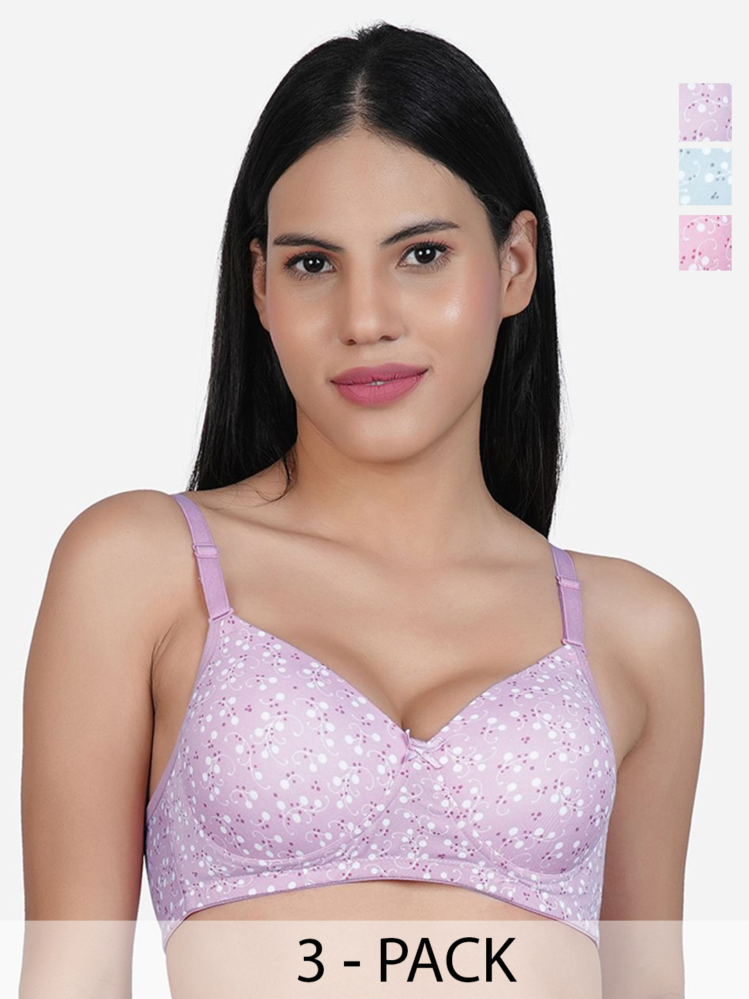 

SHYAM SONS FLAIR Pack Of 3 Floral Printed Full Coverage Lightly Padded T-shirt Bra, Purple