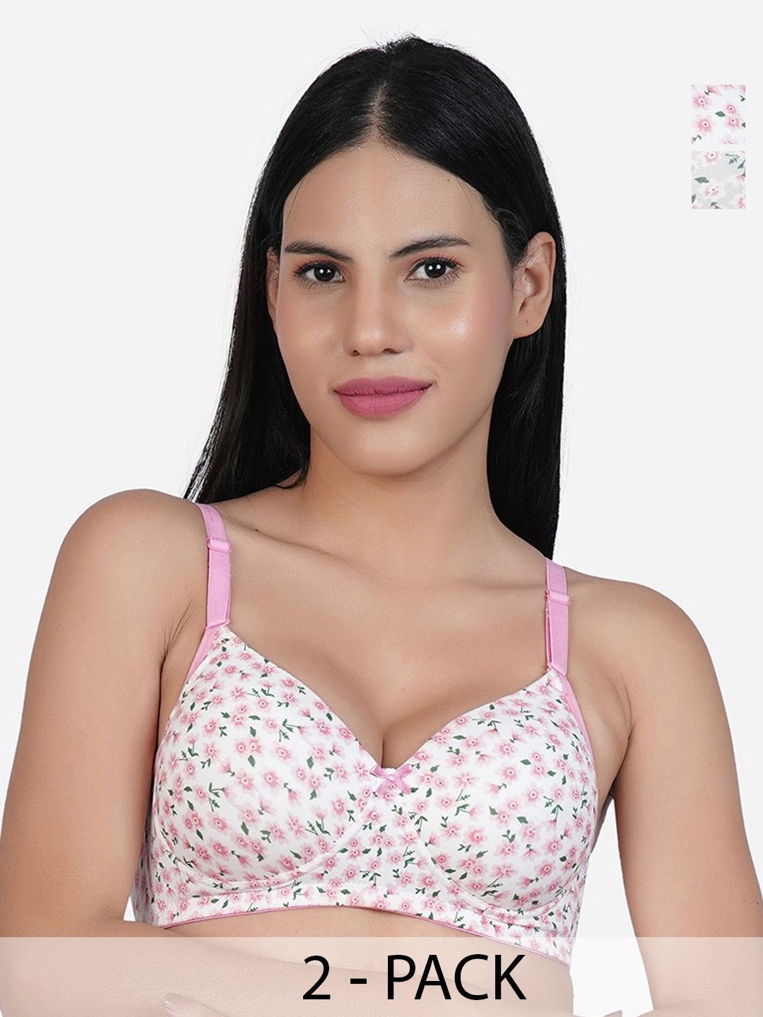 

SHYAM SONS FLAIR Women Pack Of 2 Floral Printed Full Coverage Lightly Padded T-shirt Bra, Pink