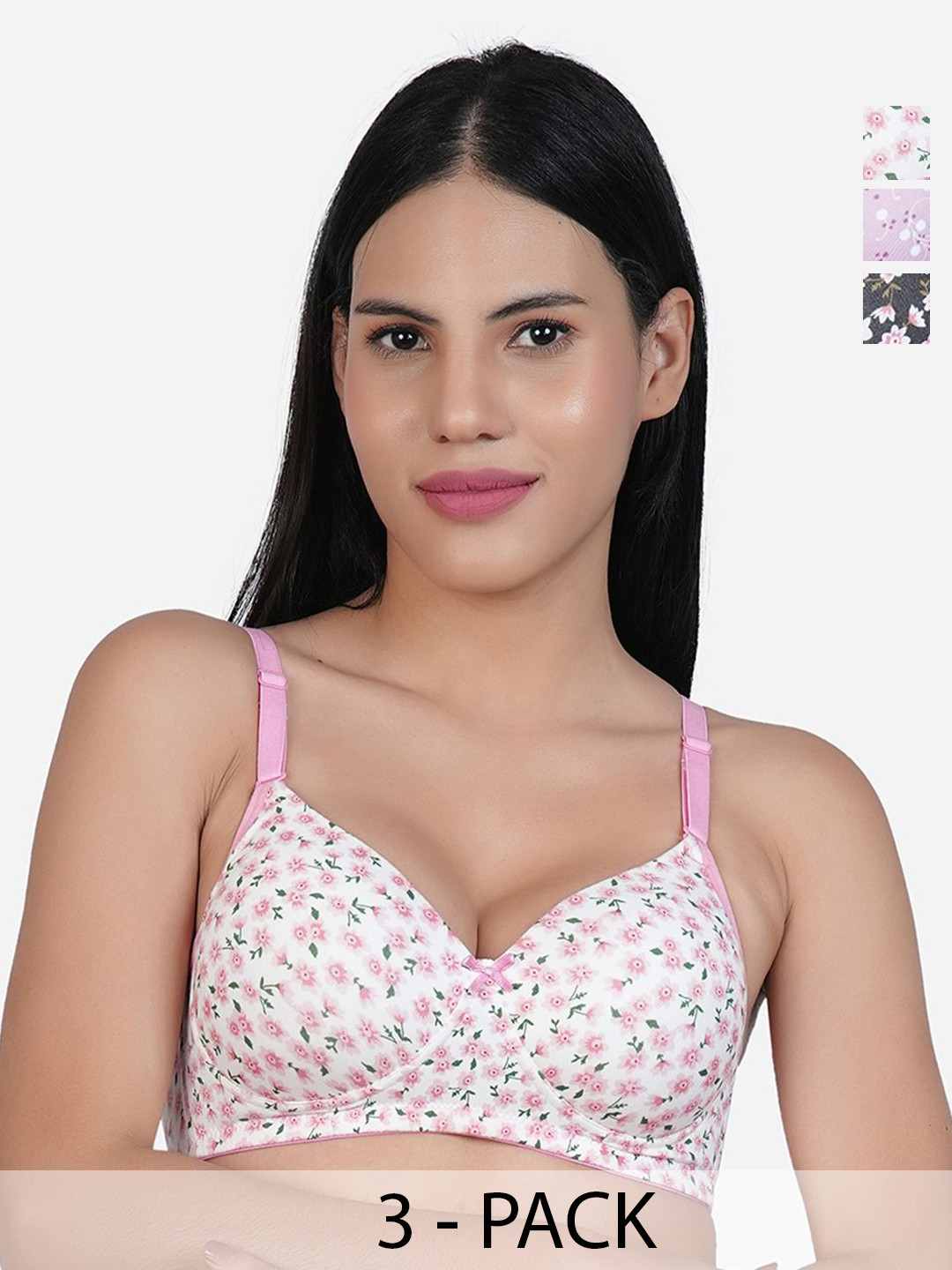 

SHYAM SONS FLAIR Women Pack of 3 Floral Printed Full Coverage Lightly Padded T-shirt Bra, White