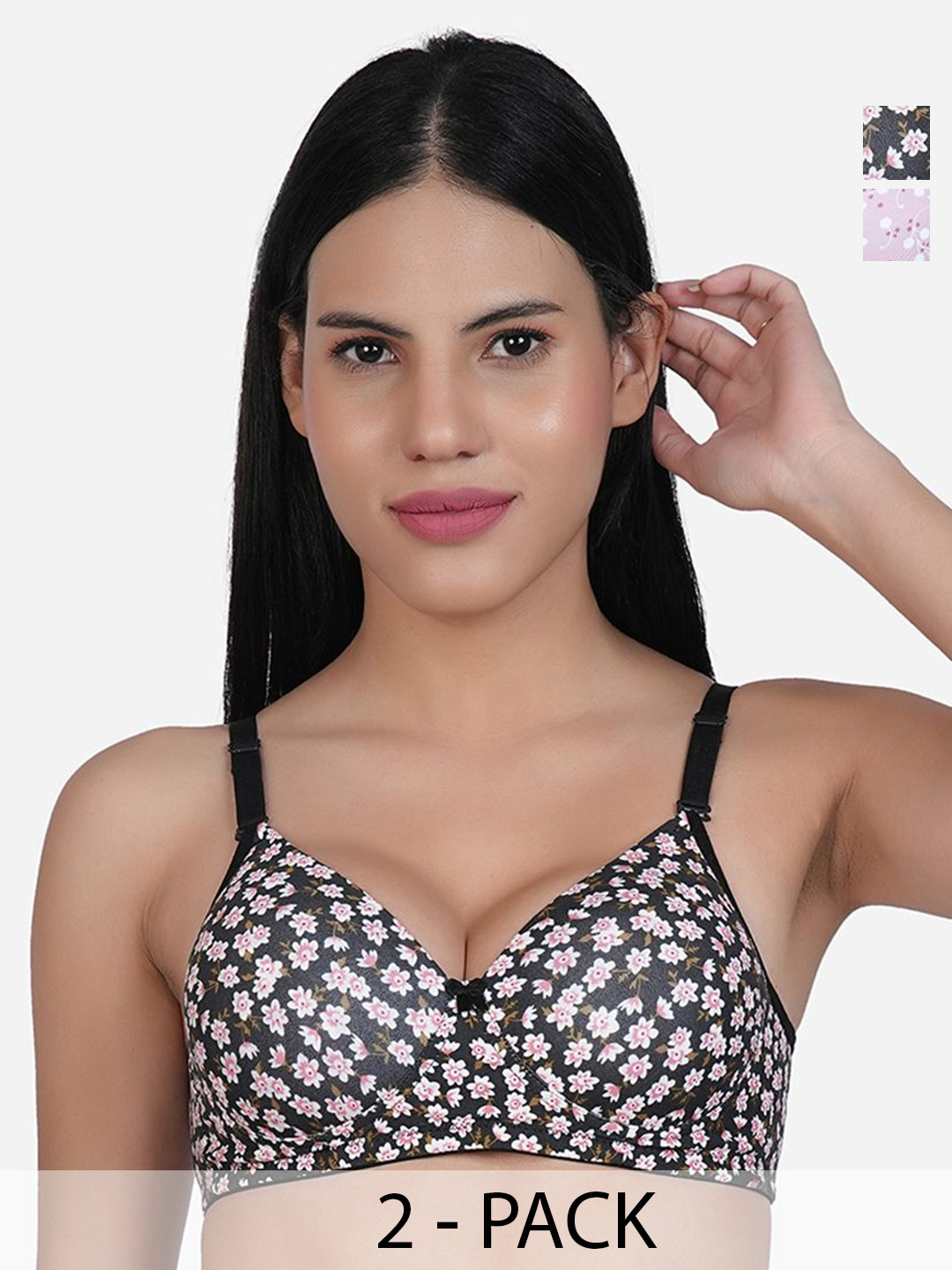

SHYAM SONS FLAIR Women Pack of 2 Floral Full Coverage Lightly Padded Bras, Black