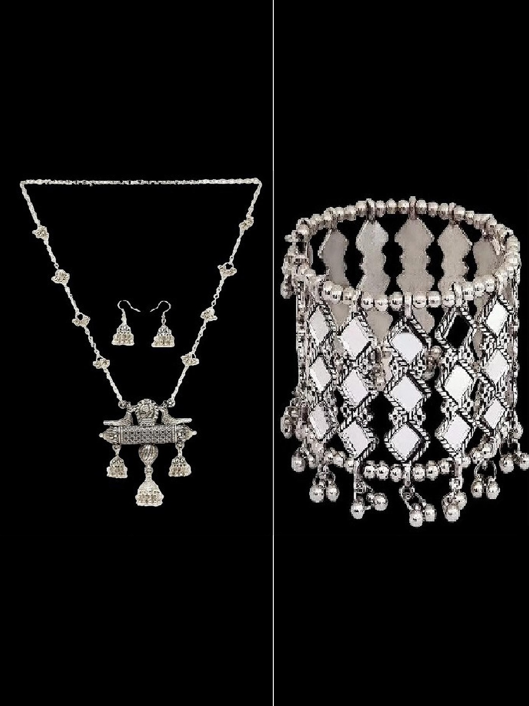

JMBW INTERNATIONAL Mirror Work Jewellery Set, Silver
