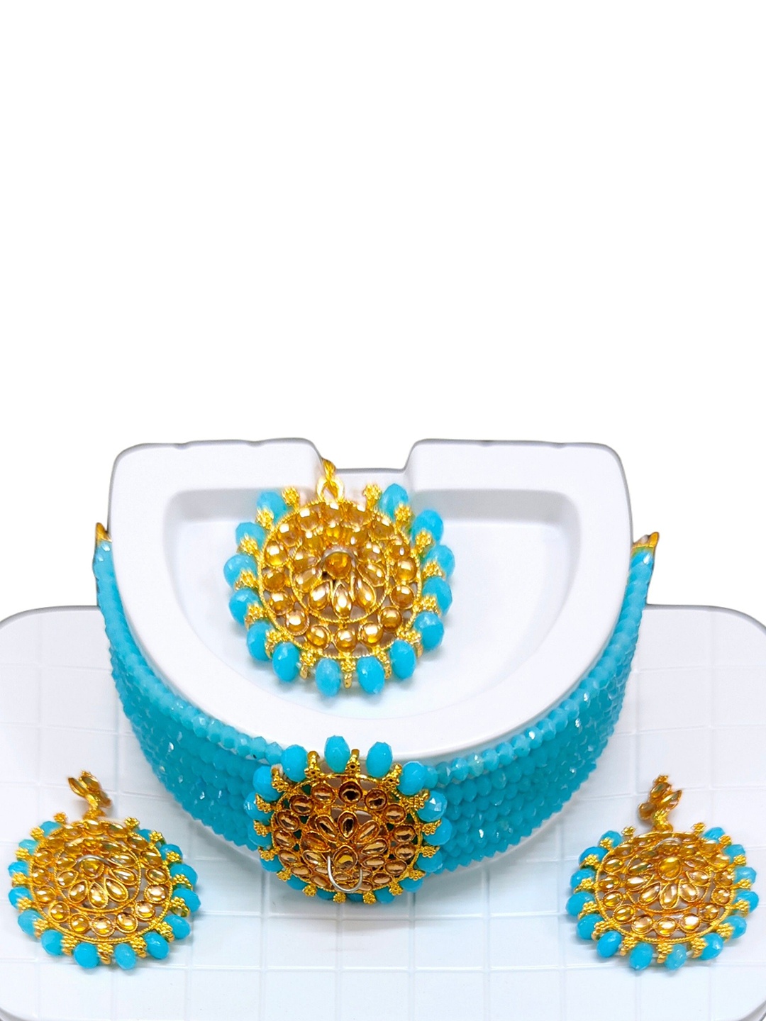 

JMBW INTERNATIONAL Gold Plated Artificial Beads Necklace and Earrings, Blue