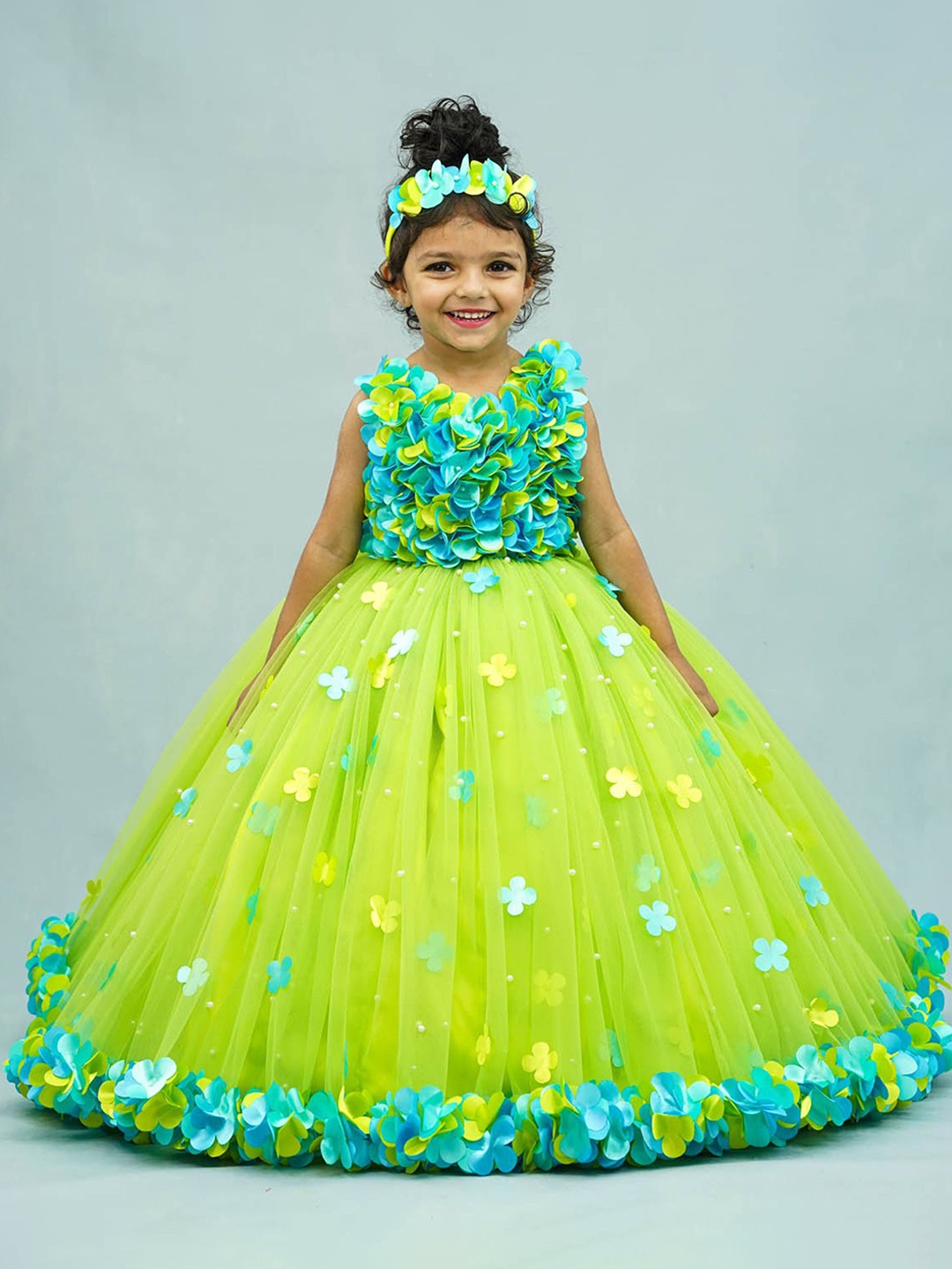 Li & Li Boutique Girls Self Design Floral Gown Dress, Green