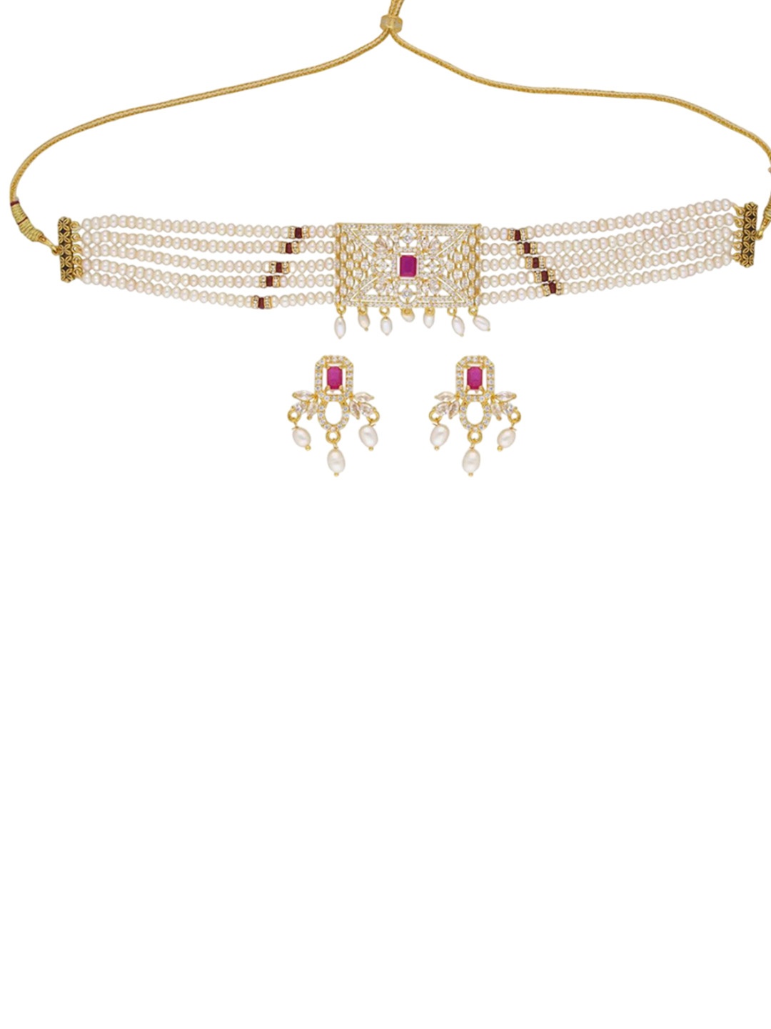 

Sri Jagdamba Pearls Dealer Gold Plated Stone Studded & Pearls Beaded Layered Jewellery Set