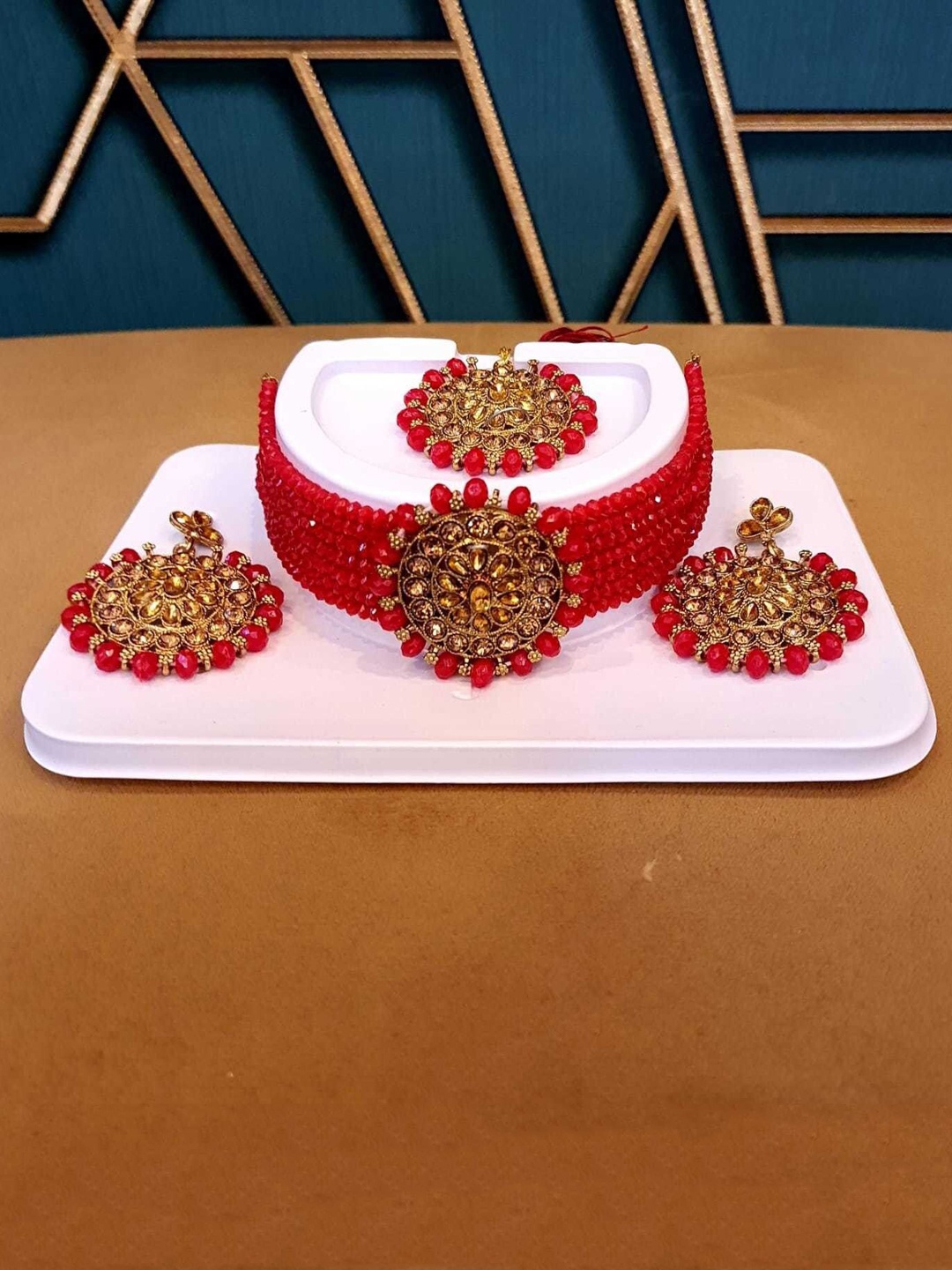 

JMBW INTERNATIONAL Gold Plated & Red Kundan Choker Necklace with Earring Jewellery Set