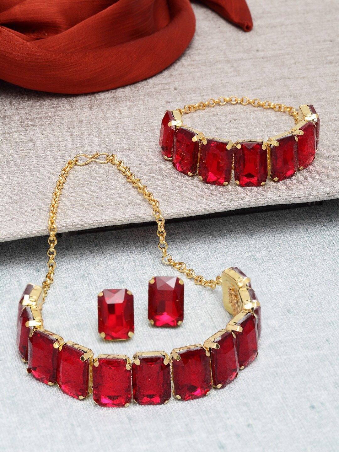 

JMBW INTERNATIONAL Gold Plated Crystal Studded Jewellery Set, Maroon