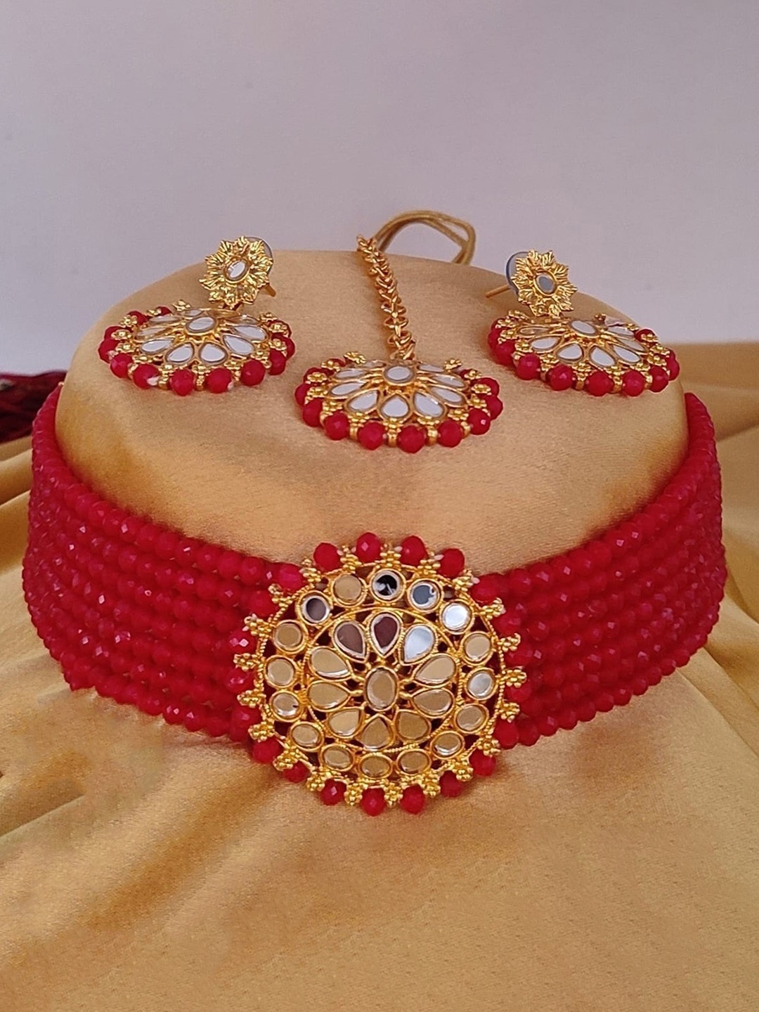 

JMBW INTERNATIONAL Stone-Studded Beaded Jewellery Set, Red