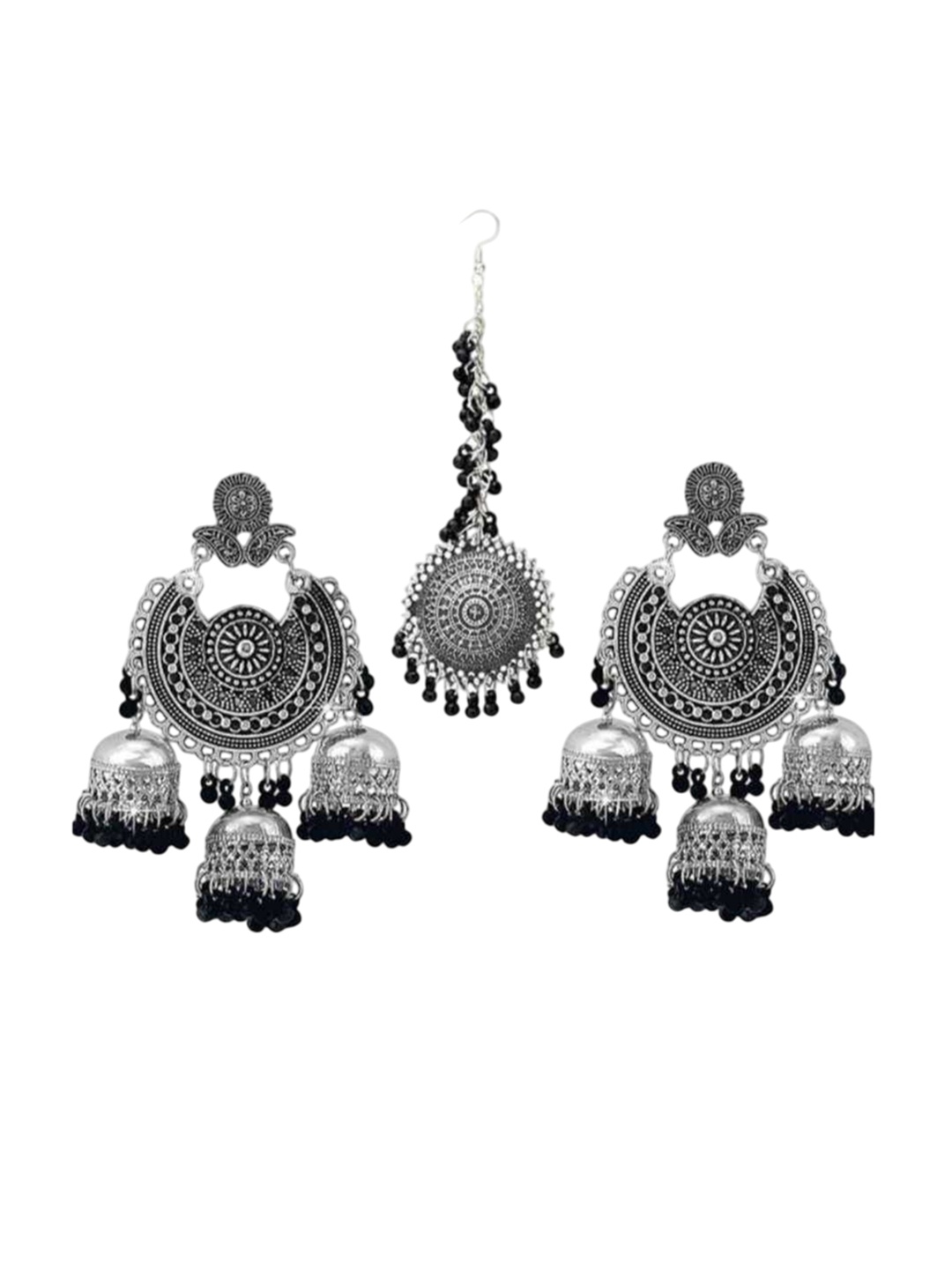 

JMBW INTERNATIONAL Silver-Plated Oxidised Maang Tika & Earrings, Black