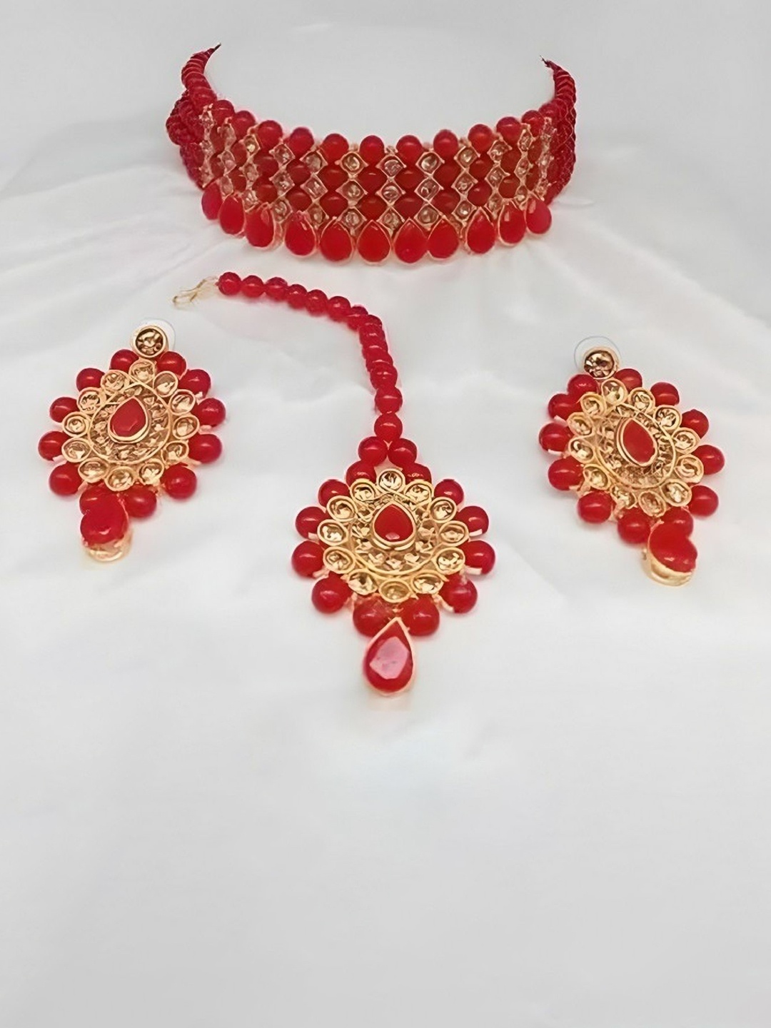 

JMBW INTERNATIONAL Crystal Studded & Beaded Jewellery Set, Red