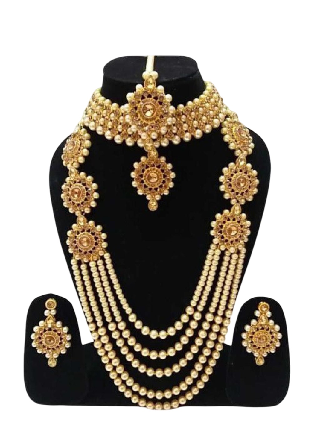 

JMBW INTERNATIONAL Beaded Floral Jewellery Set with Maang Tika, Gold