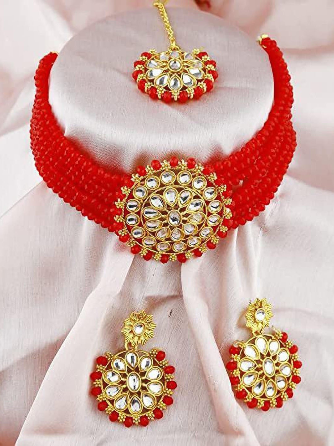 

JMBW INTERNATIONAL Stone-Studded & Beaded Necklace With Earrings & Maang Tikka, Red