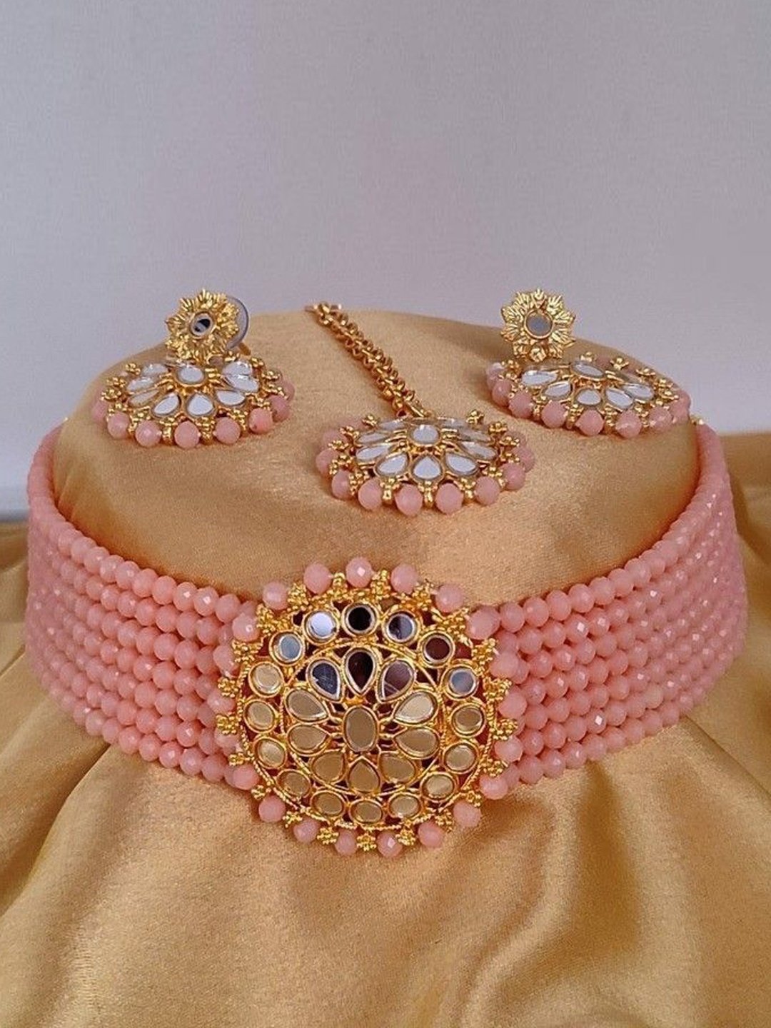 

JMBW INTERNATIONAL Mirror Stone Studded & Beaded Jewellery Set, Pink